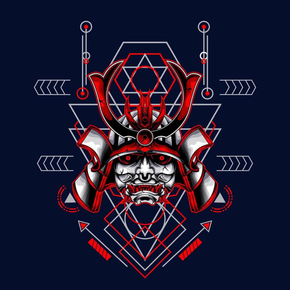 oni samurai hoofd met heilige geometrie sieraad voor behang, spandoek, t-shirt, poster, hoodie, tottebag, achtergrond, kaart, boekillustratie en webbestemmingspagina vector