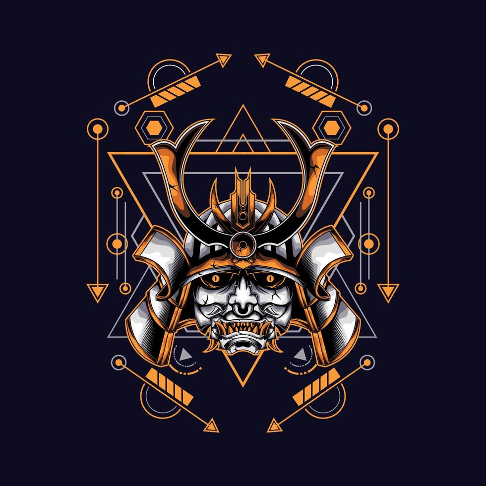 oni samurai hoofd met heilige geometrie sieraad voor behang, spandoek, t-shirt, poster, hoodie, tottebag, achtergrond, kaart, boekillustratie en webbestemmingspagina vector