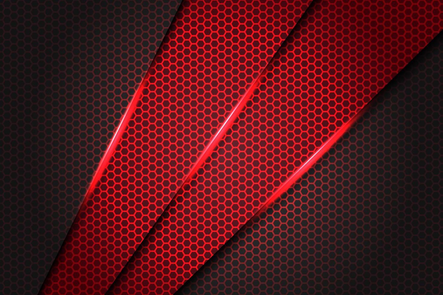 abstracte rode schuine streep driehoek metallic op donkergrijs met zeshoek mesh patroon ontwerp moderne futuristische achtergrond textuur vectorillustratie. vector