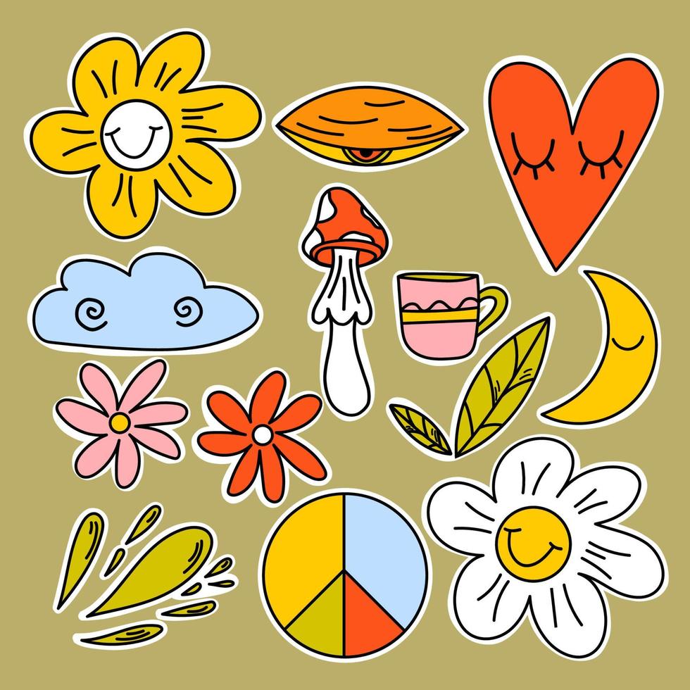 sticker set van 70s, 80s, 90s clipart. 1970 sfeer. vredesteken, paddenstoelen, hip trippy madeliefje. Jaren 70 vibes achtergrond vector