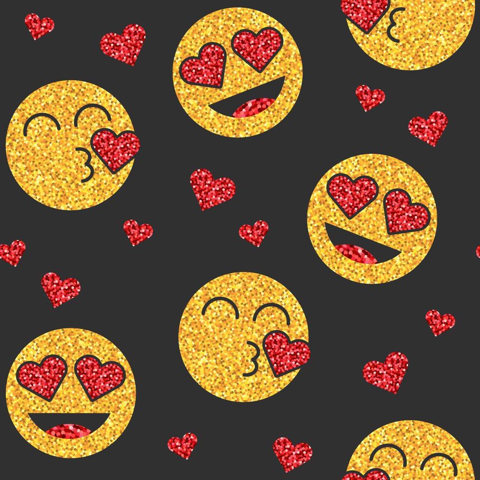 naadloze patroon met gouden glitter emoji pictogram op zwarte achtergrond. emoticons sticker met kus en rood hart. luxe emoji-symbool voor sociale media, blog of chat. geïsoleerde vectorillustratie vector