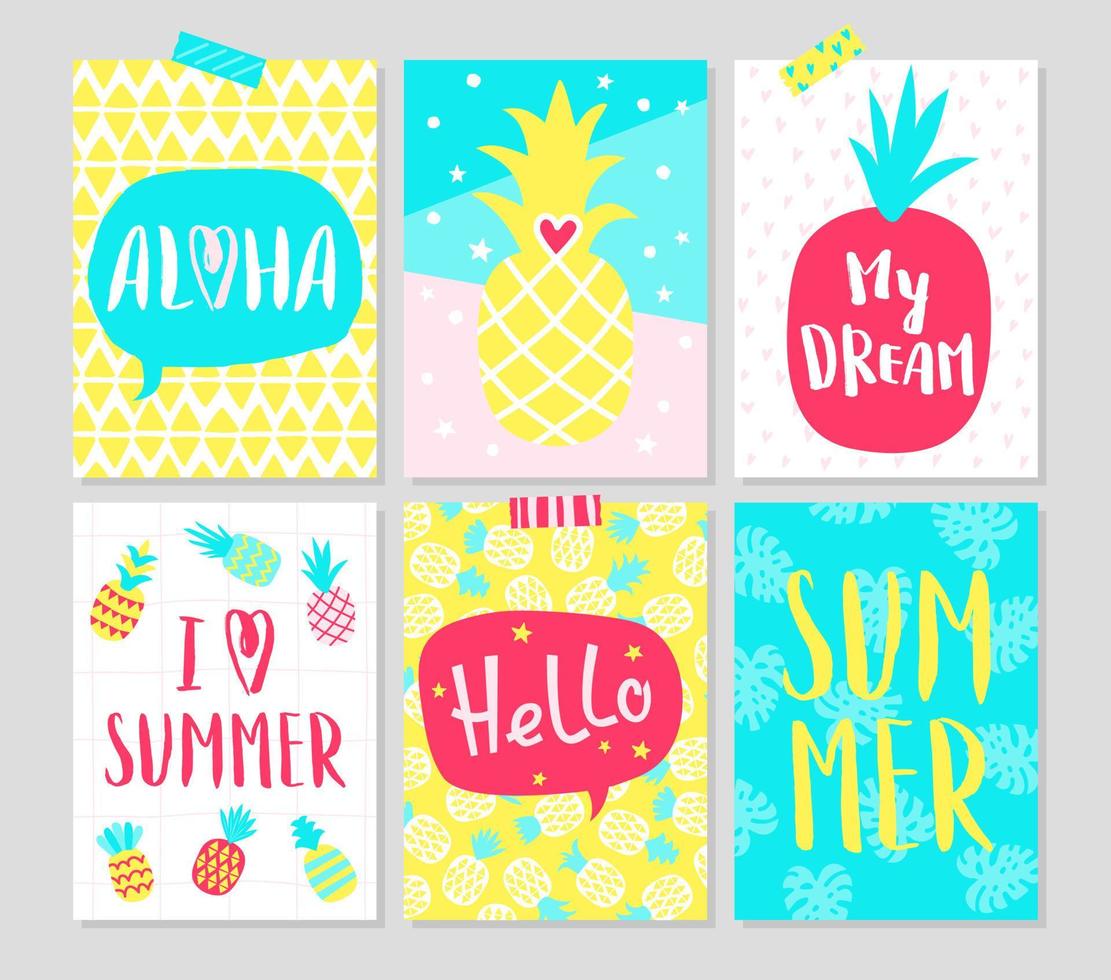 zomer handgetekende kaarten met ananas en typografie. set van heldere posters met handgeschreven tekst. vectorillustratie. vector