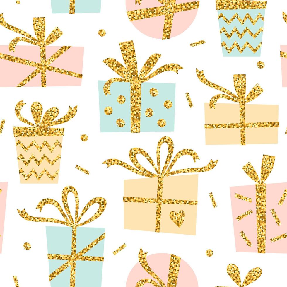 creatief naadloos patroon van cadeau met gouden glitterlint. stijlvolle begroetingsachtergrond in pastelkleur. vector illustratie