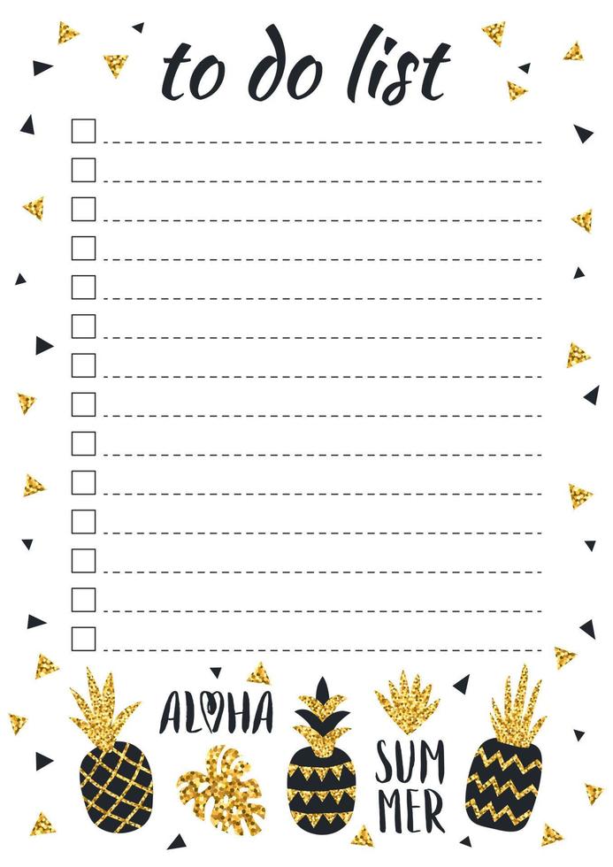 creatieve takenlijst met gouden glitterananas in scandinavische stijl. stijlvolle mode-organisator en schema, zwarte en gouden kleur. planner sjabloon voor afdrukken, bruiloft, school. vectorillustratie. vector