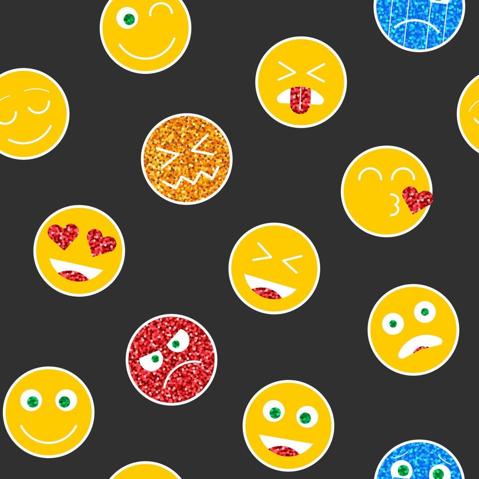 kleurrijke emoji naadloze patroon op zwarte achtergrond. emoticons sticker met glitter effect geïsoleerd op zwarte achtergrond. luxe emoji achtergrond met pictogrammen in vlakke stijl. vector illustratie