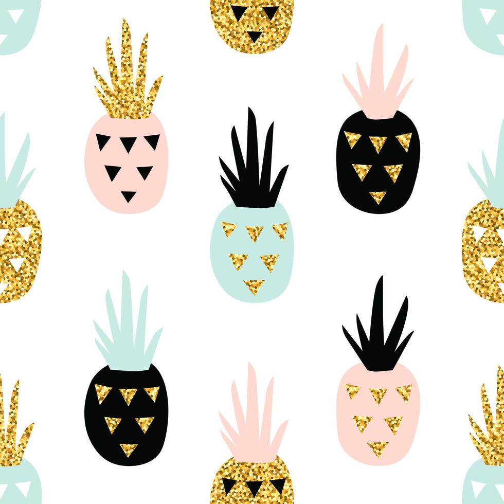 creatief naadloos patroon met ananas in pastel en goud glitter textuur. Scandinavische stijlvolle achtergrond. vectorillustratie in Scandinavische stijl vector