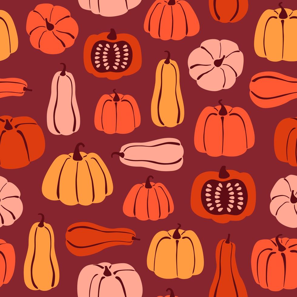 naadloze patroon met hand getrokken pompoen in cartoon stijl. platte achtergrond van pompoenen en squash op bordeauxrode achtergrond. herfsttextuur voor Thanksgiving, oogst en Halloween. vector illustratie