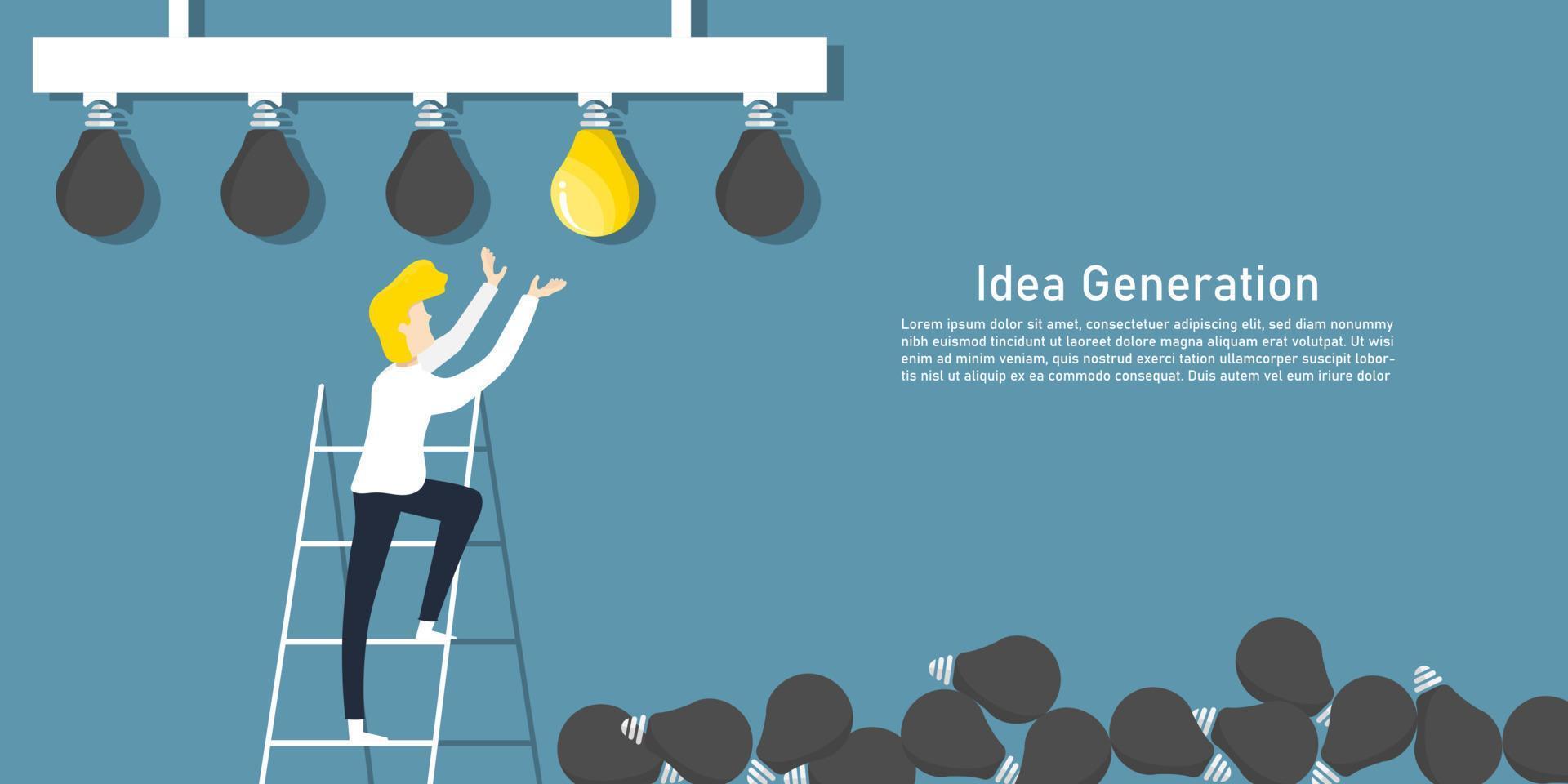 man traplopen met gloeilamp, idee generatie creativiteit ontwerp, digitale marketing illustratie. vector