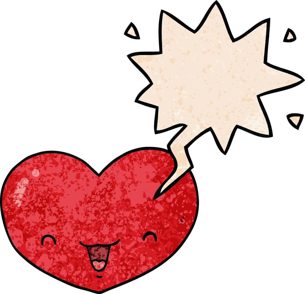 cartoon liefde hart karakter en tekstballon in retro textuur stijl vector