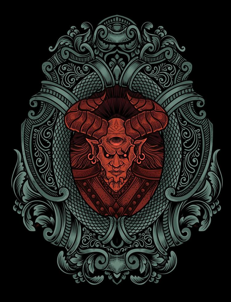 illustratie badass demon met gravure ornament vector