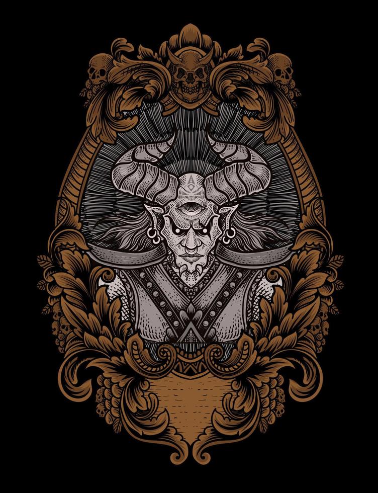 illustratie badass demon met gravure ornament vector