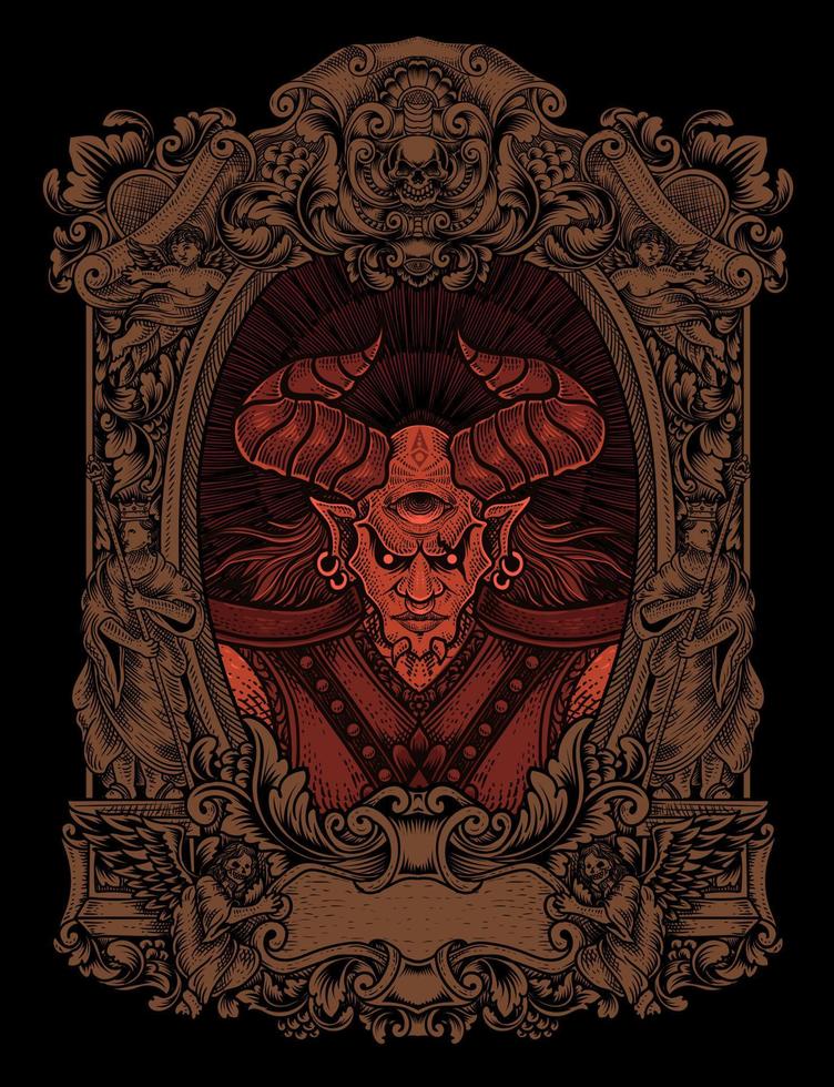 illustratie badass demon met gravure ornament vector