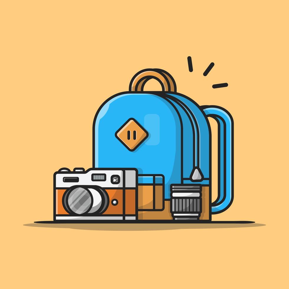 rugzak, camera met lens cartoon vector pictogram illustratie. technologie vakantie pictogram concept geïsoleerde premium vector. platte cartoonstijl