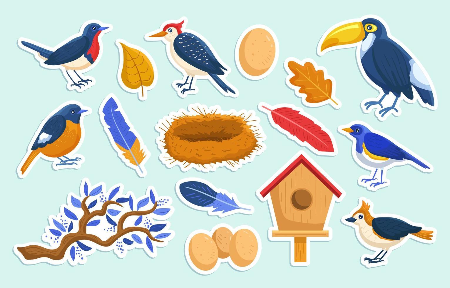 stickerset van dagboeksjabloon vogels vector