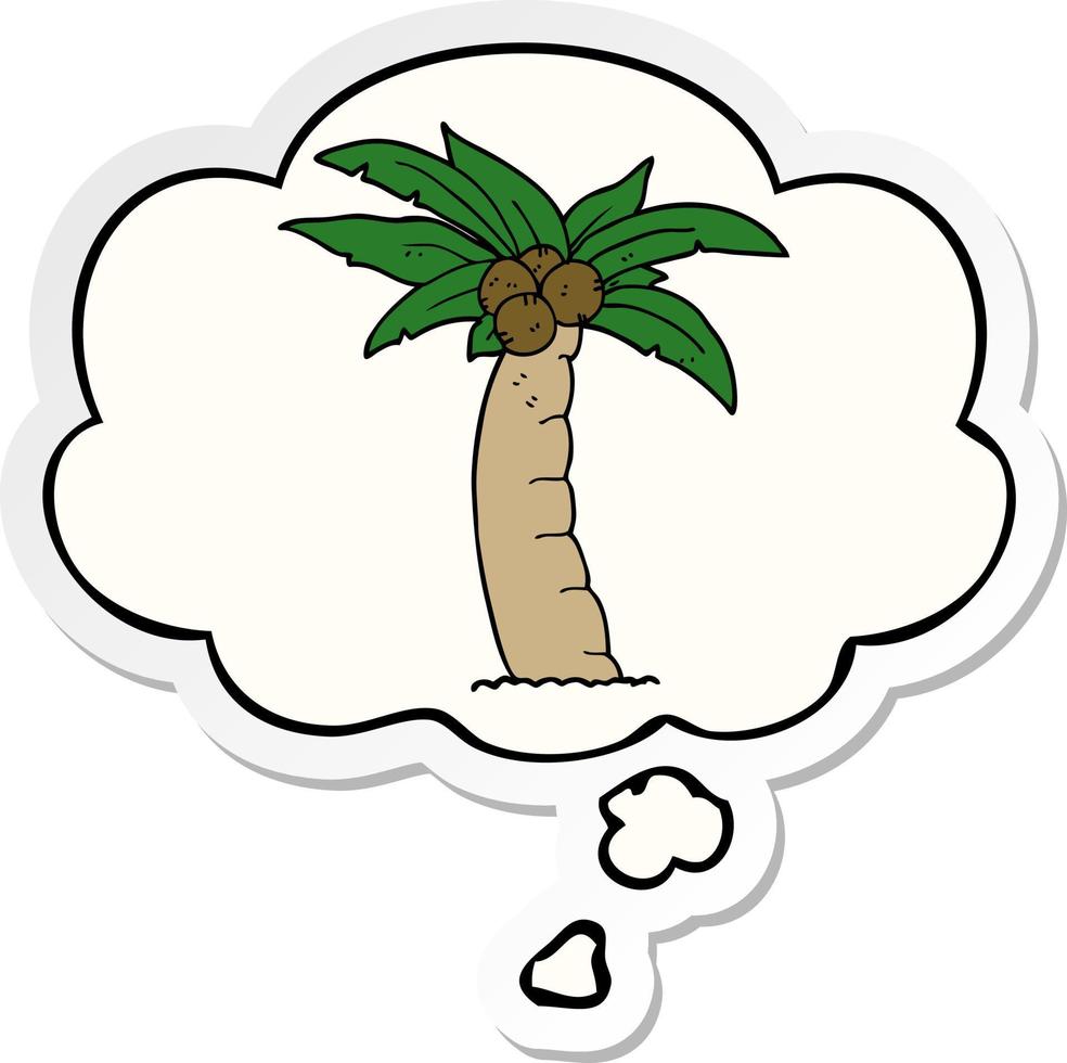 cartoon palmboom en gedachte bel als een gedrukte sticker vector