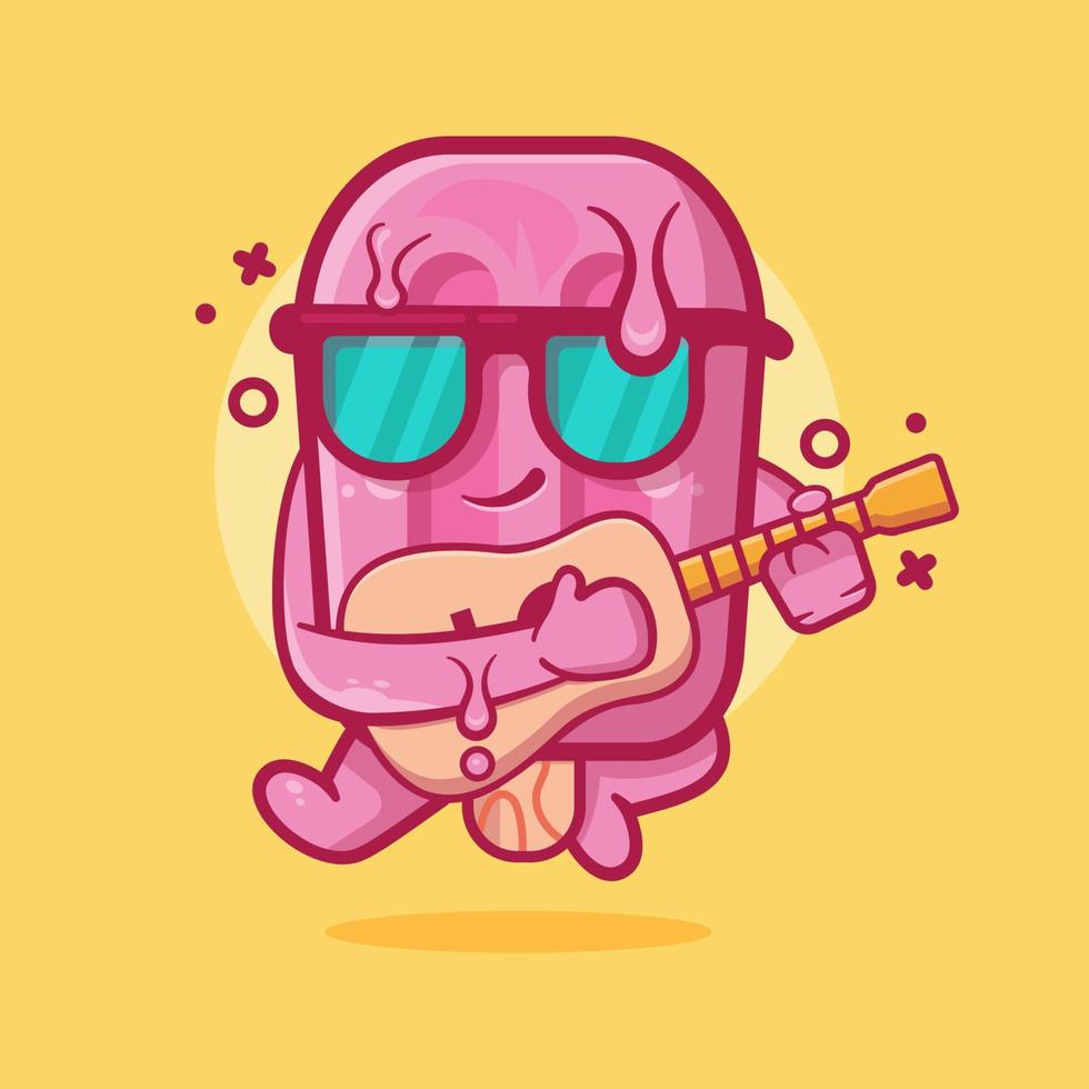 cool roze popsicle ijs karakter mascotte gitaar spelen geïsoleerde cartoon in vlakke stijl ontwerp vector