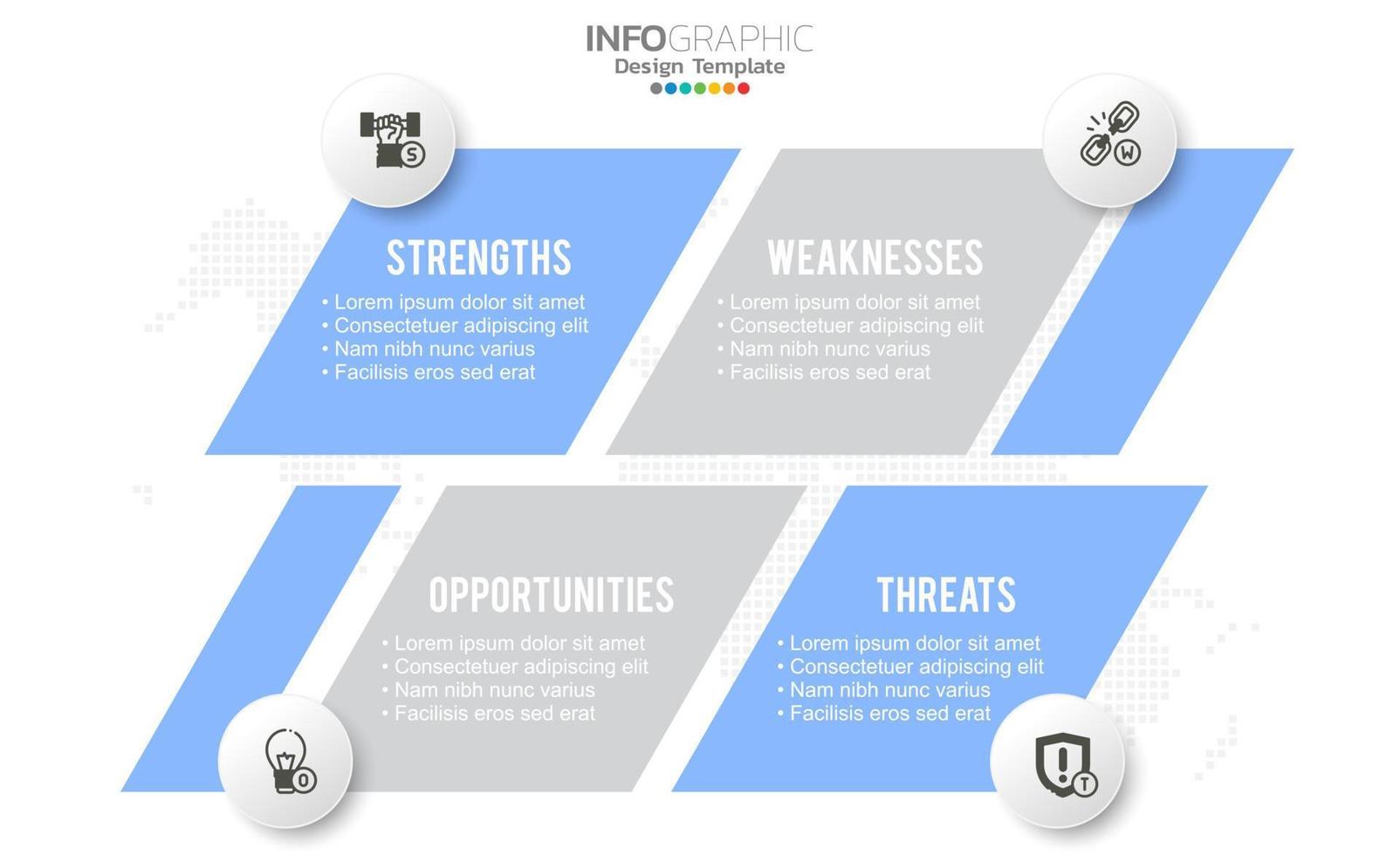 swot-analysesjabloon of strategische planningstechniek. infographic ontwerp met vier elementen sjabloon. vector