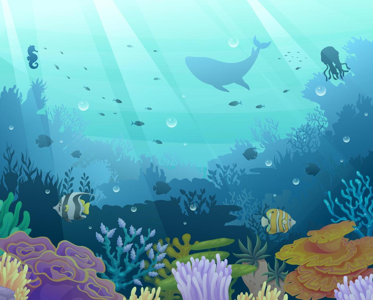 onderwater zeeleven illustratie. onderzeese wereld met zee oceaan dieren en koraalriffen silhouet achtergrond vector