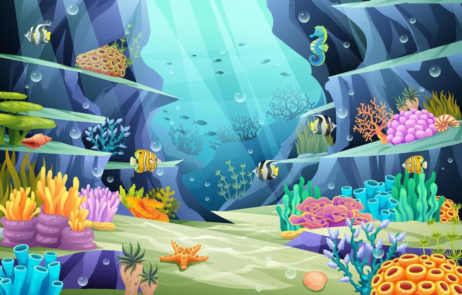 onderzeese oceaan wereld illustratie. onderwaterleven met vissen en koraalriffen op een blauwe zeeachtergrond vector