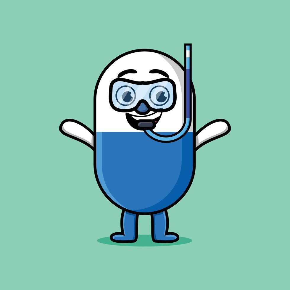 cartoon capsule medicijnduiker met zwemglas vector