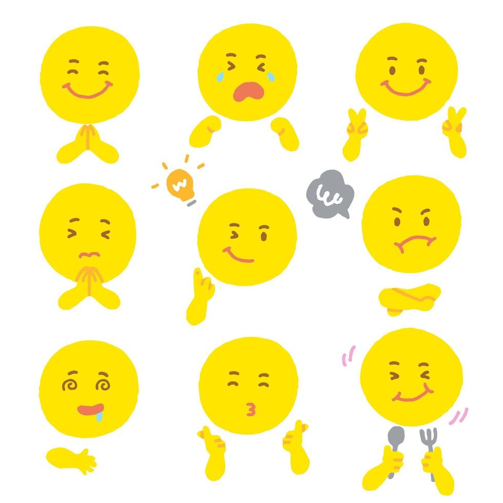 schattig geel ronde cirkel emoji verschillende uitdrukking emotie emotionele emoticon handen doodle karakter gevoelens gezichten collectie set pictogram bundel vectorillustratie vector