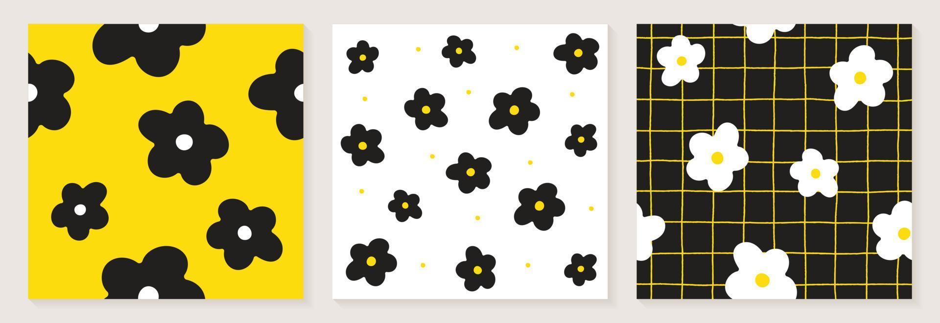schattig madeliefje bloem wit zwart geel kleur confetti vlakke stijl stof textiel raster lijn controleren naadloze patroon achtergrond botanisch weide zomer lente kaart set collectie bundel vectorillustratie vector