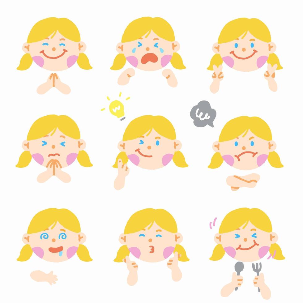 schattig europa amerikaans meisje blond haar blauw oog kinderen kind kinderen school verschillend uitdrukking emotie emotioneel emoticon handen doodle karakter gevoelens gezichten collectie ingesteld pictogram vector illustratie