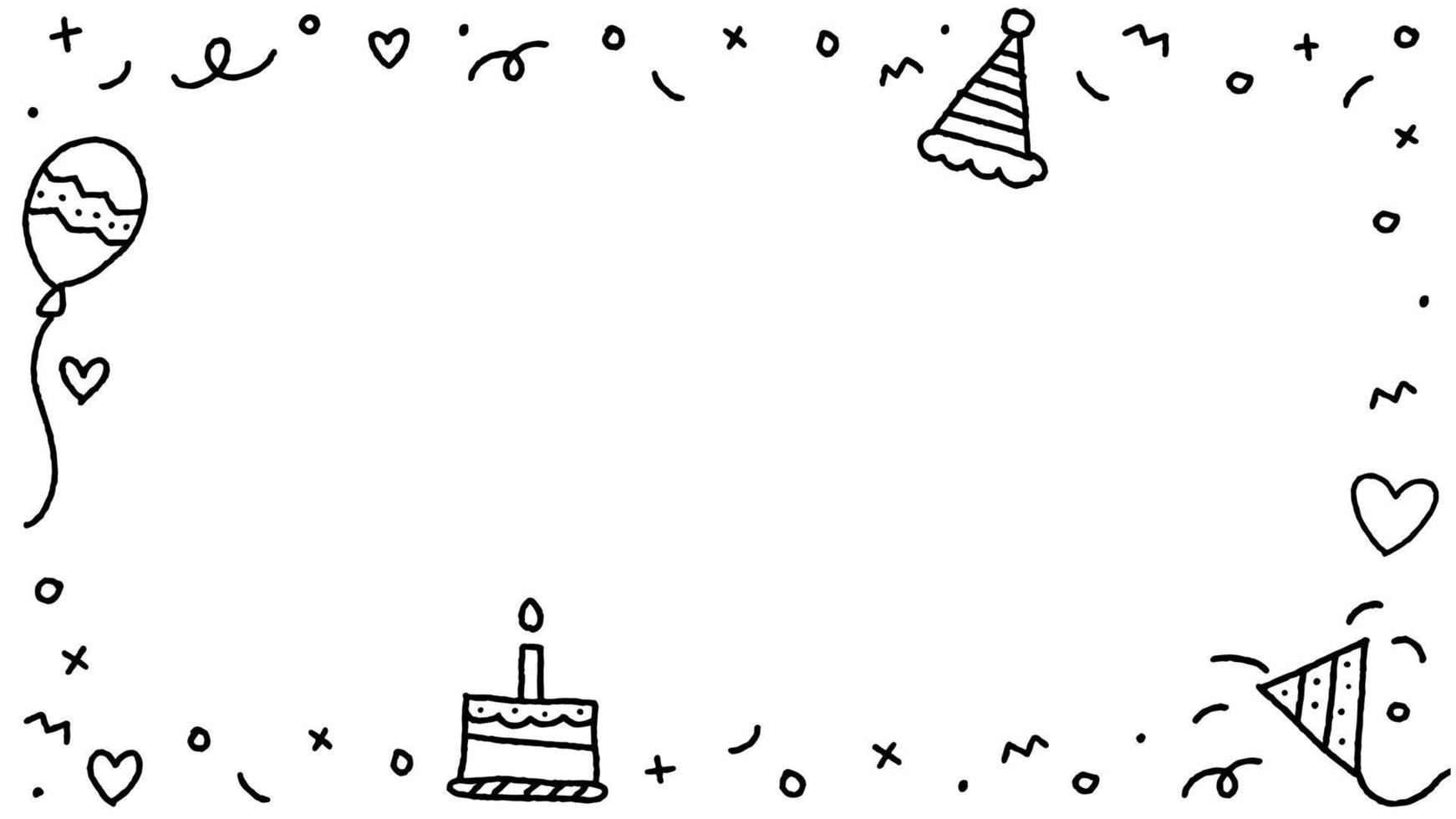 schattig gelukkige verjaardag partij confetti zwart-wit bw doodle achtergrond grens frame uitnodigingskaart rechthoek pictogram vectorillustratie vector