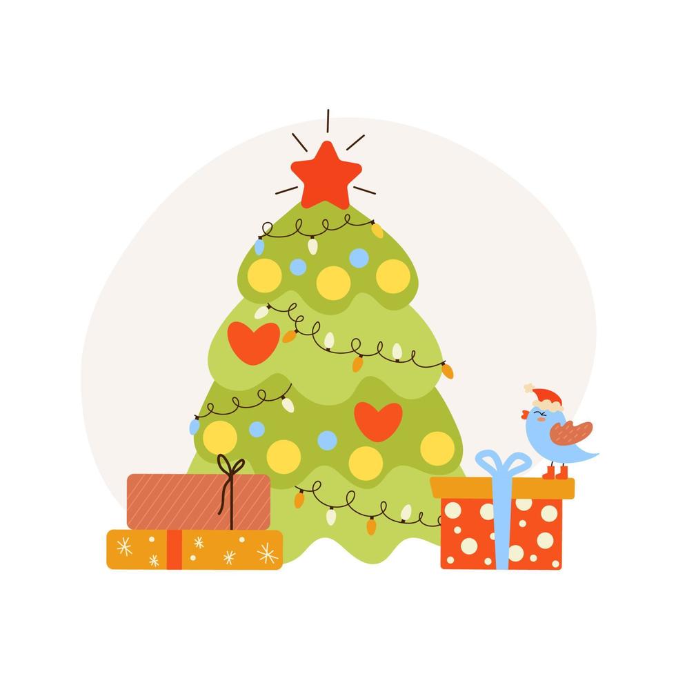 feestelijke kerstboom platte vectorillustratie. veel cadeaus voor de wintervakantie. traditionele kersthuisdecoratie. presenteert onder dennenboom. nieuwjaar, wintervakantieviering. vector