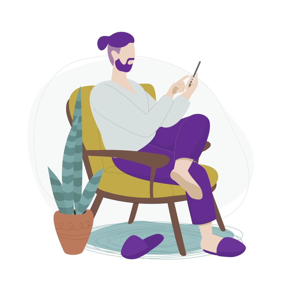 gezichtsloze jongeman met paars haar zit comfortabel in een fauteuil en houdt een telefoon vast. online winkelen, onderwijs of videogesprek concept. cartoon stijl vectorillustratie. vector