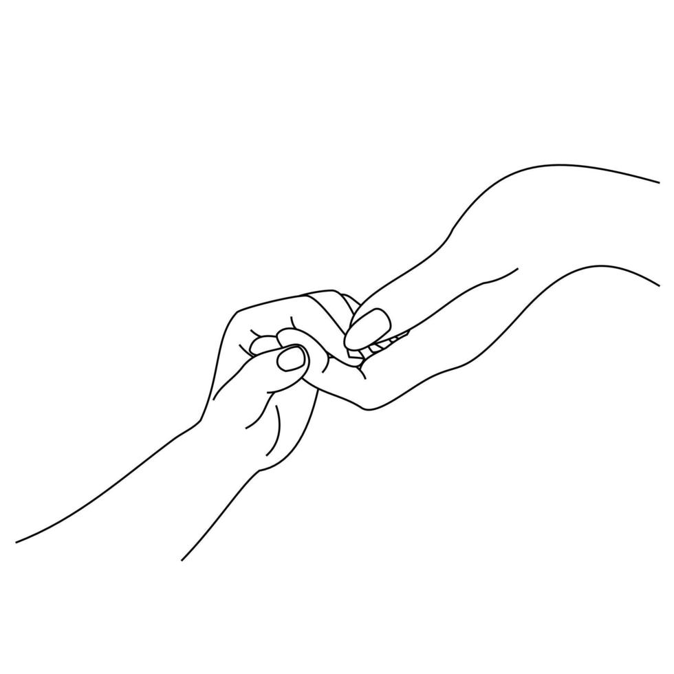 het concept van twee handen die proberen te helpen bereiken of aanraken en bidden. de hand van een klein kind probeert naar de grote hand te reiken. handdruk van vriendschapssteun die op witte achtergrond wordt geïsoleerd vector