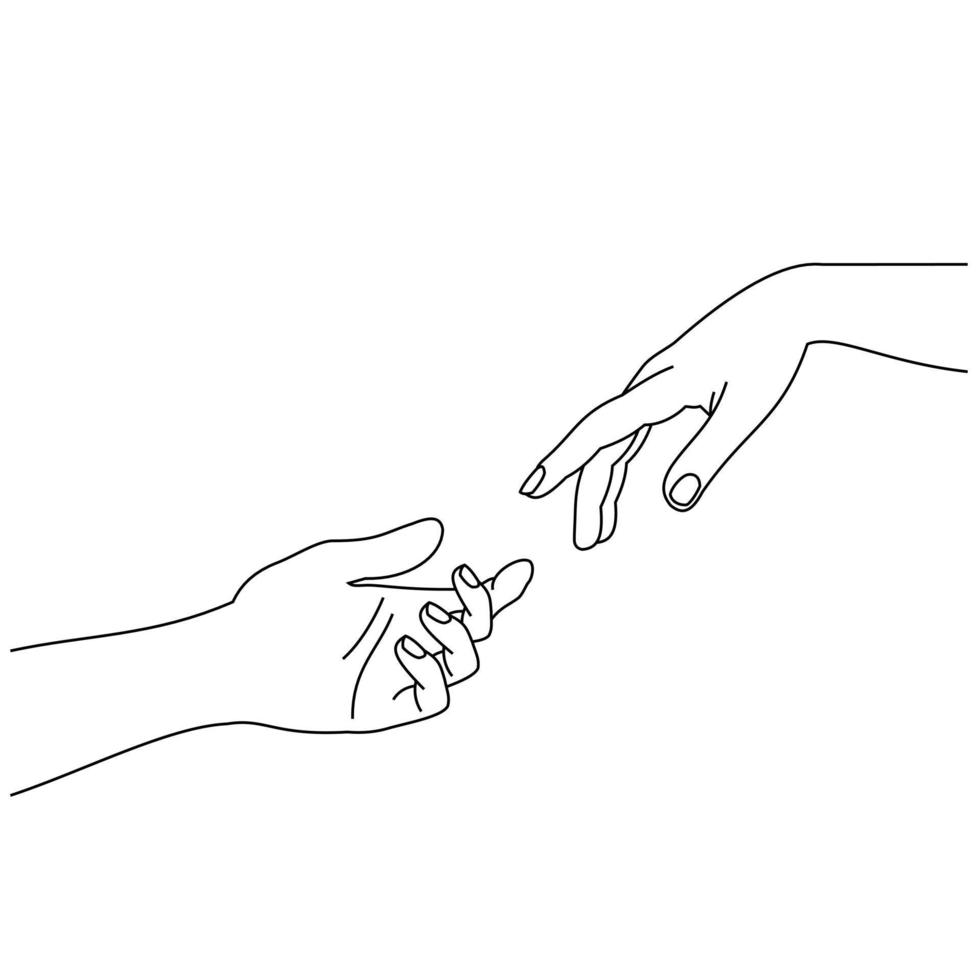 het concept van twee handen die proberen te helpen bereiken of aanraken en bidden. de hand van een klein kind probeert naar de grote hand te reiken. handdruk van vriendschapssteun die op witte achtergrond wordt geïsoleerd vector