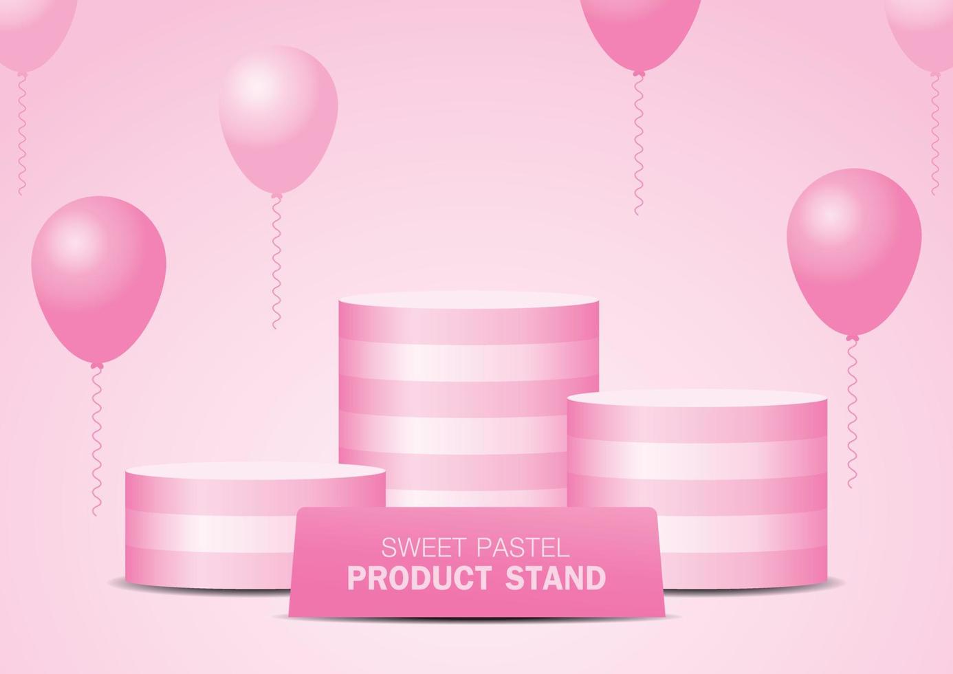 roze gestreept patroon cirkel podium set met ballonnen en bord op zoete pastel achtergrond 3d illustratie vector voor het plaatsen van uw schattige object