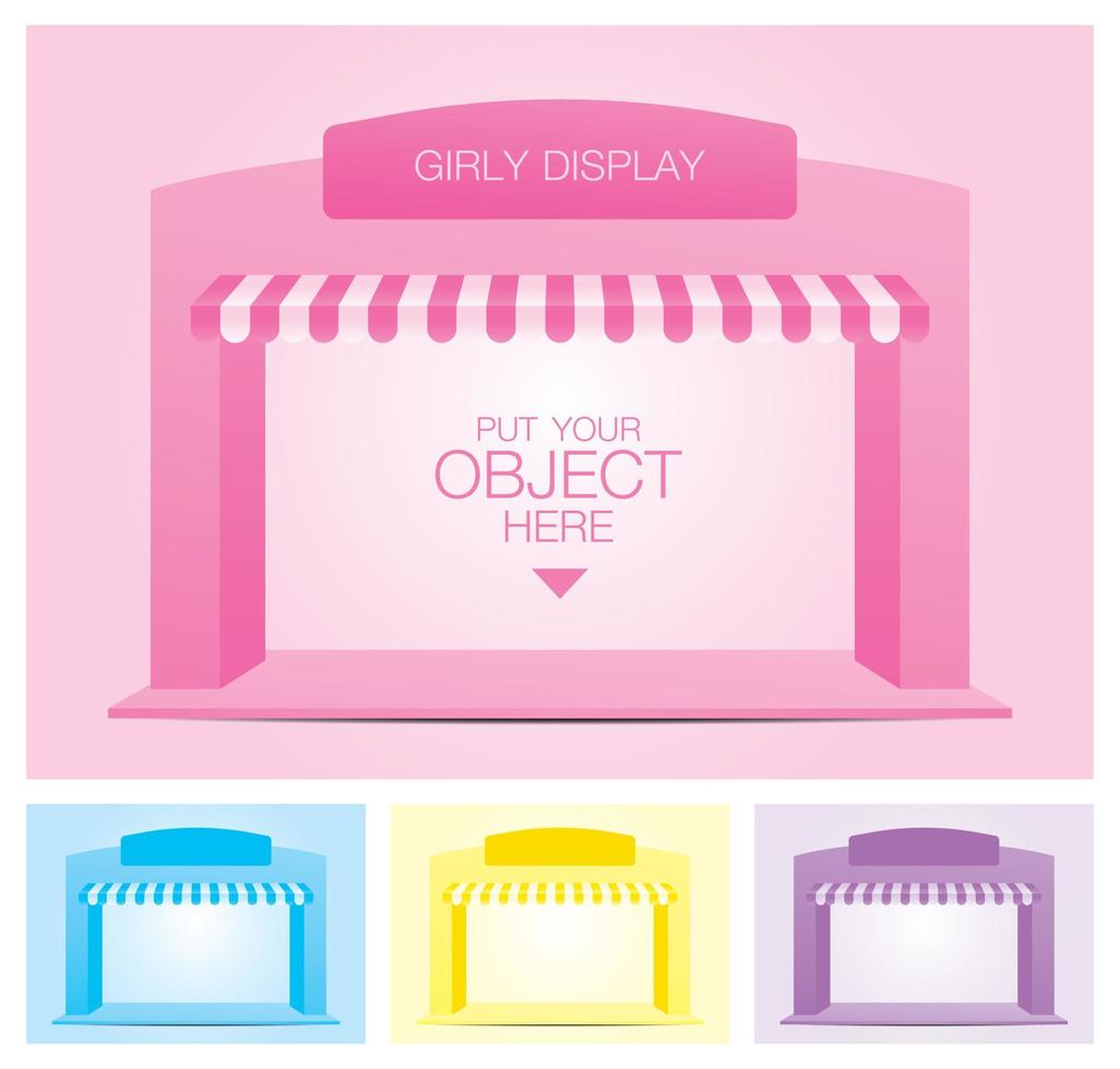 schattige girly pastel etalage collectie met luifel en bewegwijzering 3d illustratie vector voor het plaatsen van uw object