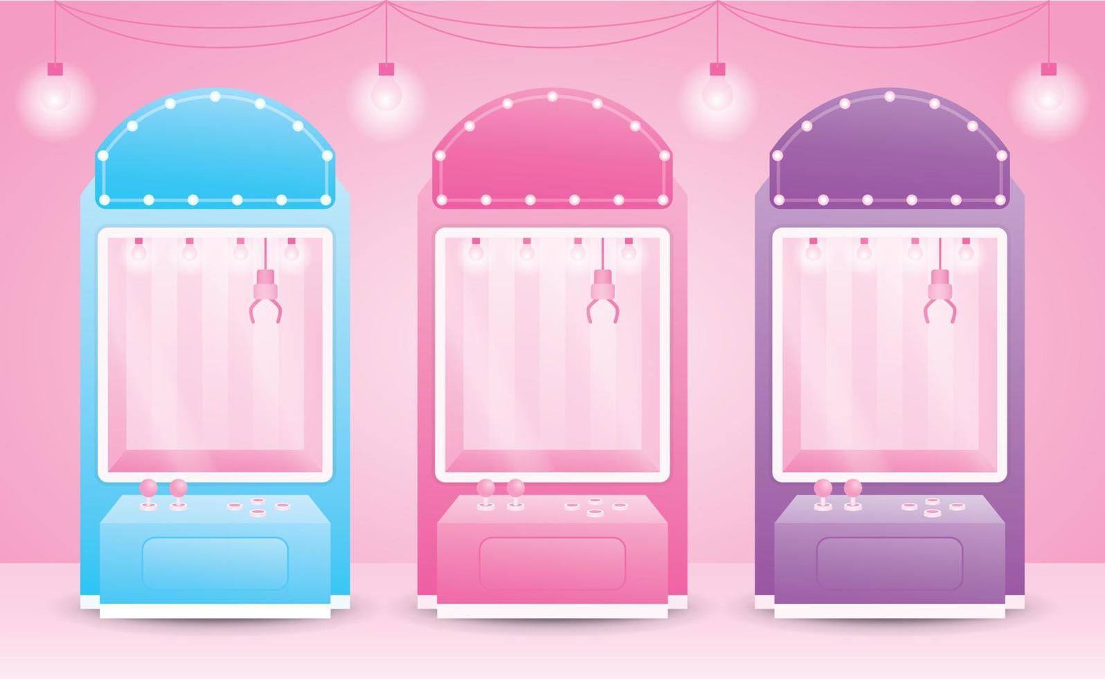 schattige girly pastel klauw machine collectie 3d illustratie vector met gloeilamp op zoete roze vloer en muur achtergrond