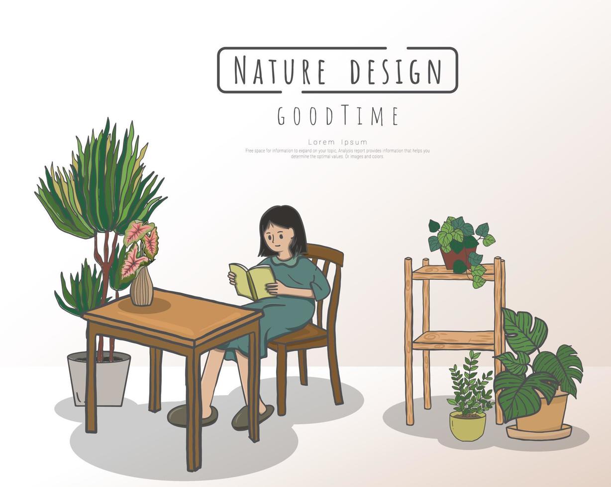 vrouw en planten in de woonkamer, minimalistisch interieurmeubilair. vector