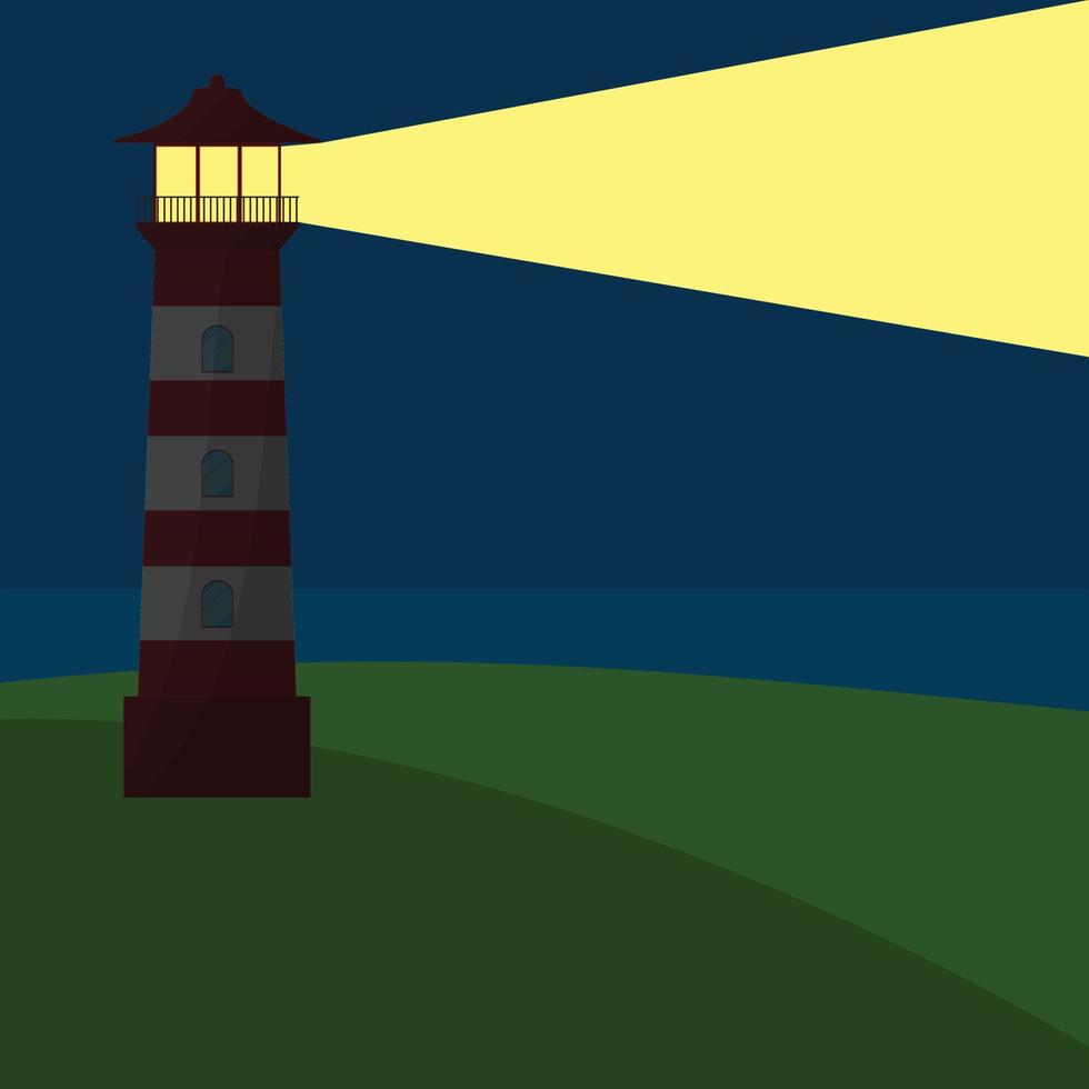 vuurtorentoren met een lichtstraal in het donker. natuurlijke landschapsachtergrond. vector illustratie