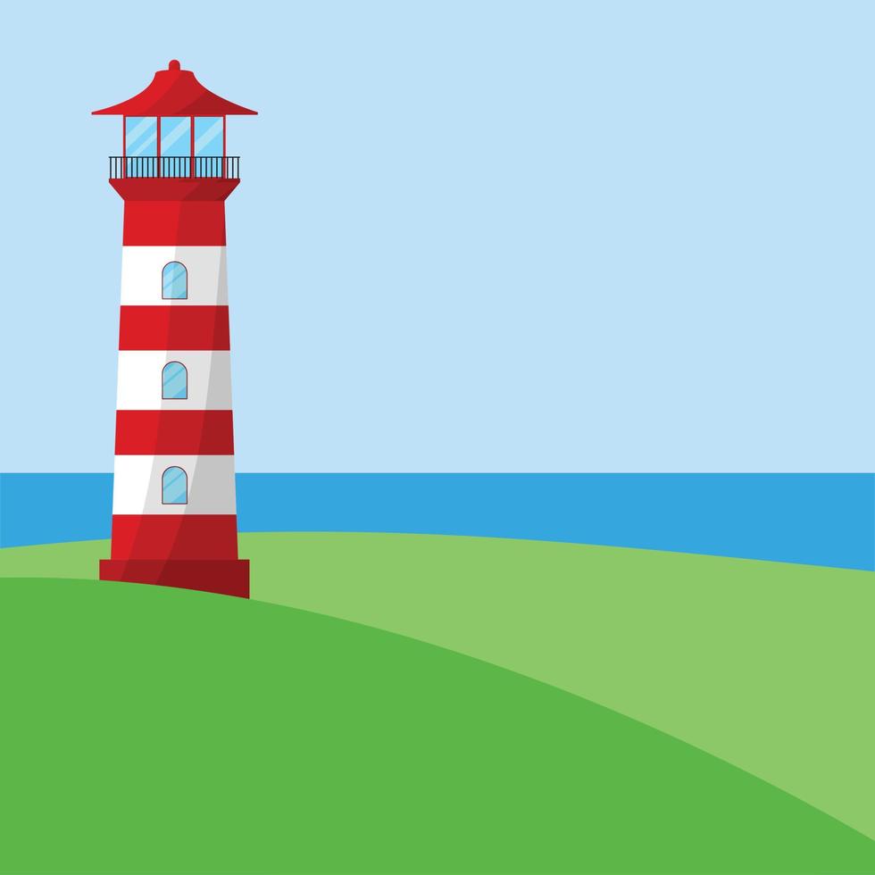 vierkante banner met zeegezicht. vuurtoren aan de kust met bergen op de achtergrond en meeuwen in de lucht. platte vectorillustratie. kustlijn landschap met baken. vector