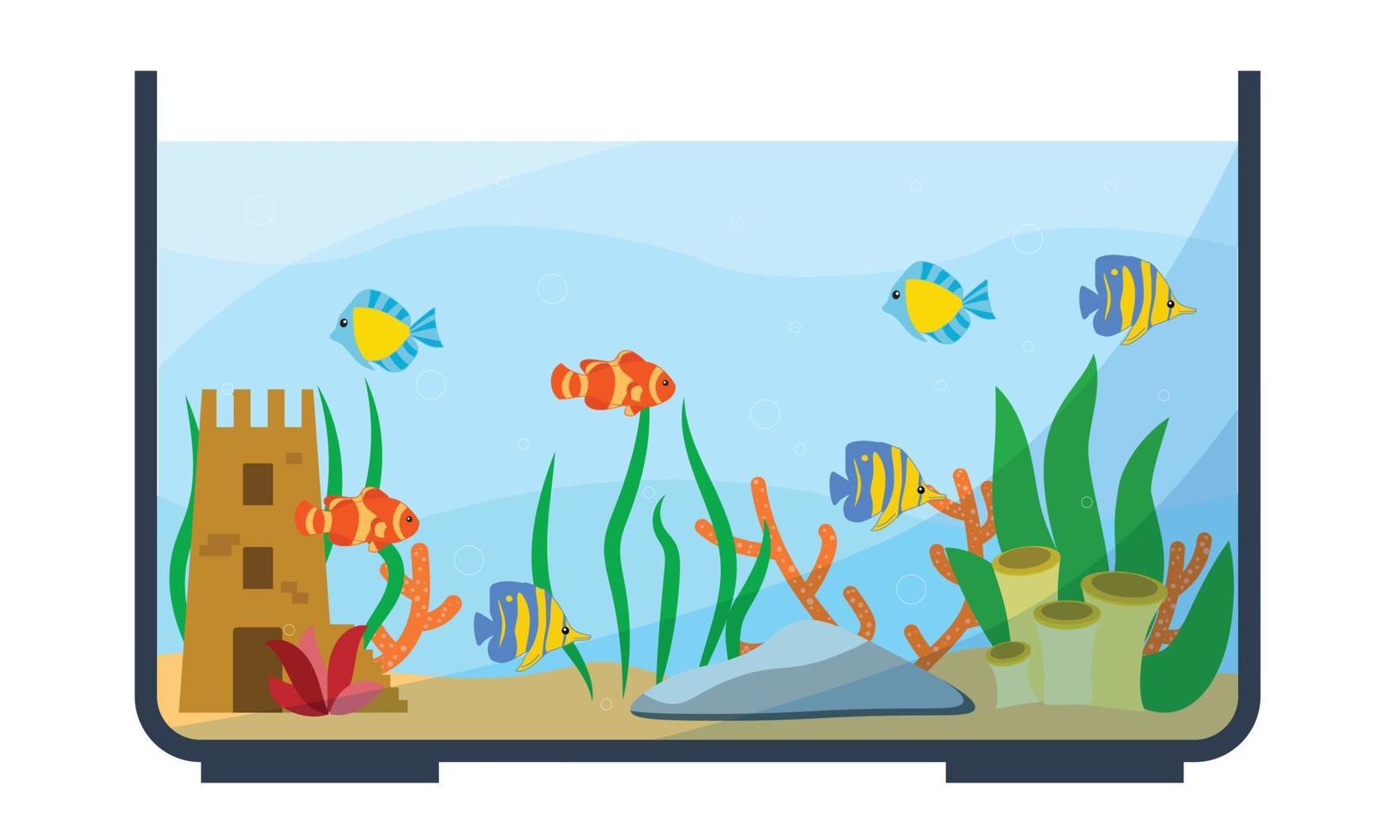 verschillende kleurrijke vissen in het aquarium. interieurdecoratie en huiselijk leven. platte vectorillustratie vector