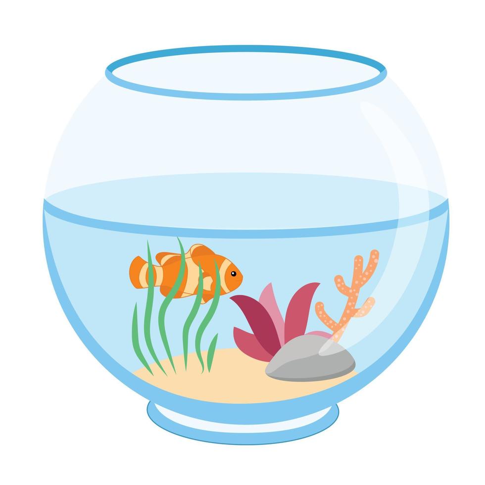 illustratie aquarium met gouden vissen op een witte achtergrond. vector silhouet van gouden vis met water, algen, zand en stenen in cartoon-stijl.
