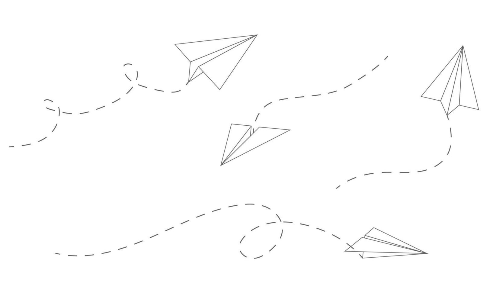 papieren vliegtuig. schets vliegende vliegtuigen vanuit verschillende hoeken en richtingen met gestippelde track-, reis- of berichtsymbolen, lineaire vectorset. gebogen route met vliegtuig voor postbezorging vector