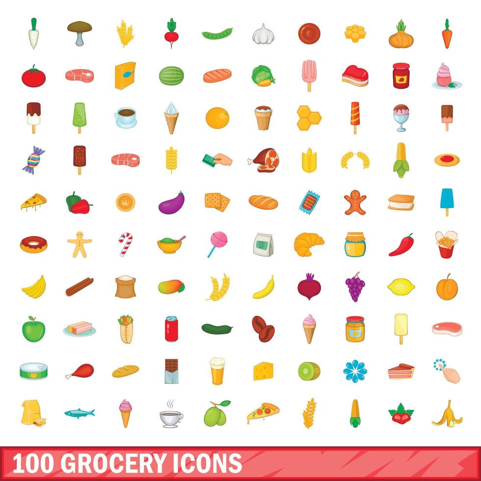 100 boodschappen iconen set, cartoon stijl vector