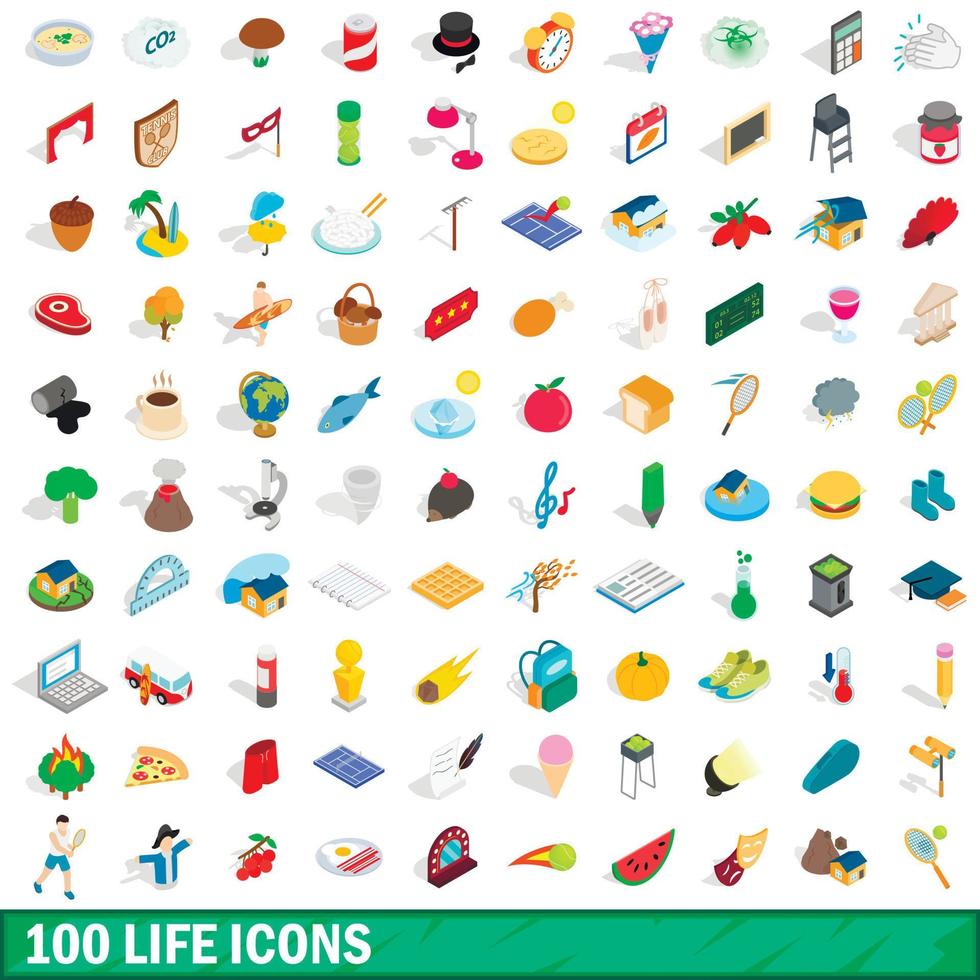 100 leven iconen set, isometrische 3D-stijl vector