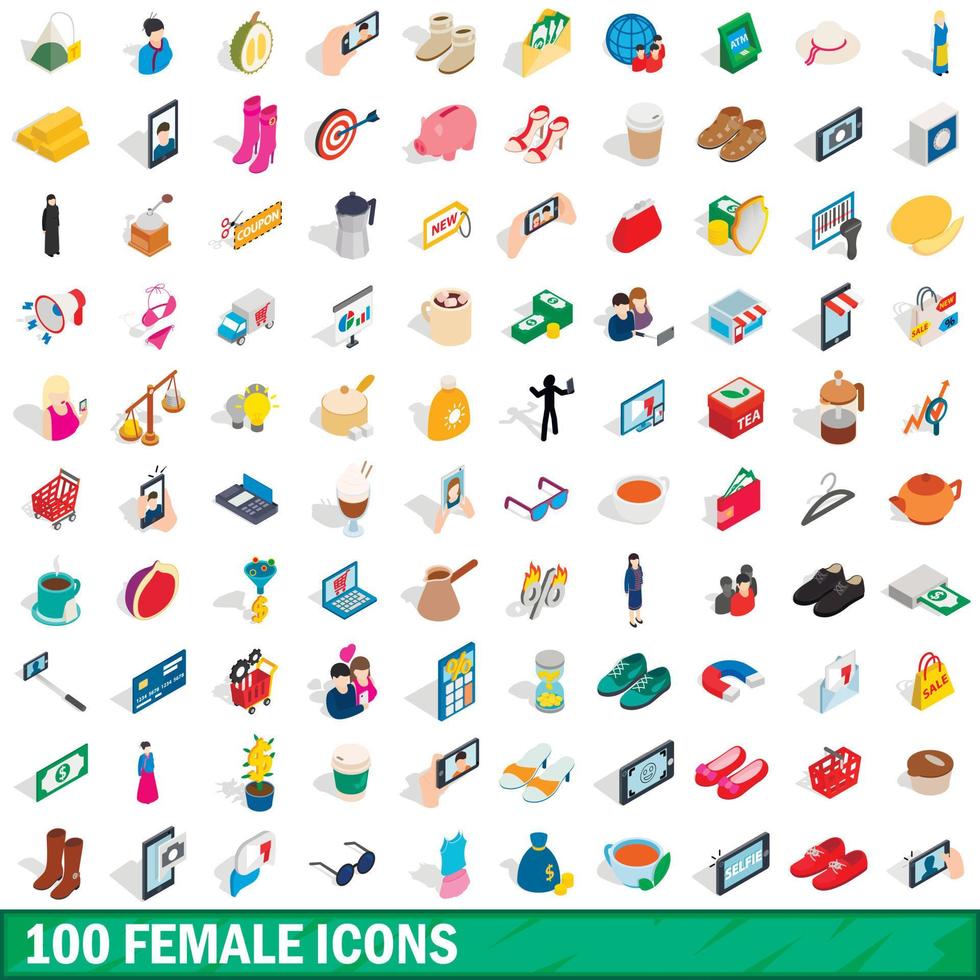 100 vrouwelijke iconen set, isometrische 3D-stijl vector