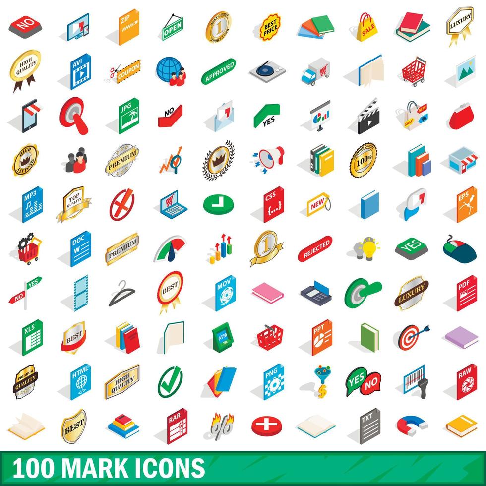 100 mark iconen set, isometrische 3D-stijl vector