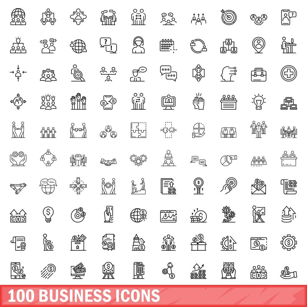 100 zakelijke iconen set, Kaderstijl vector