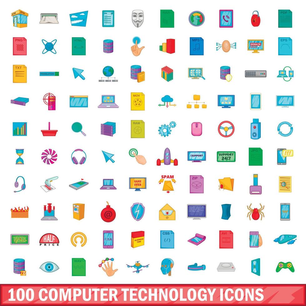 100 computertechnologie iconen set, cartoon stijl vector
