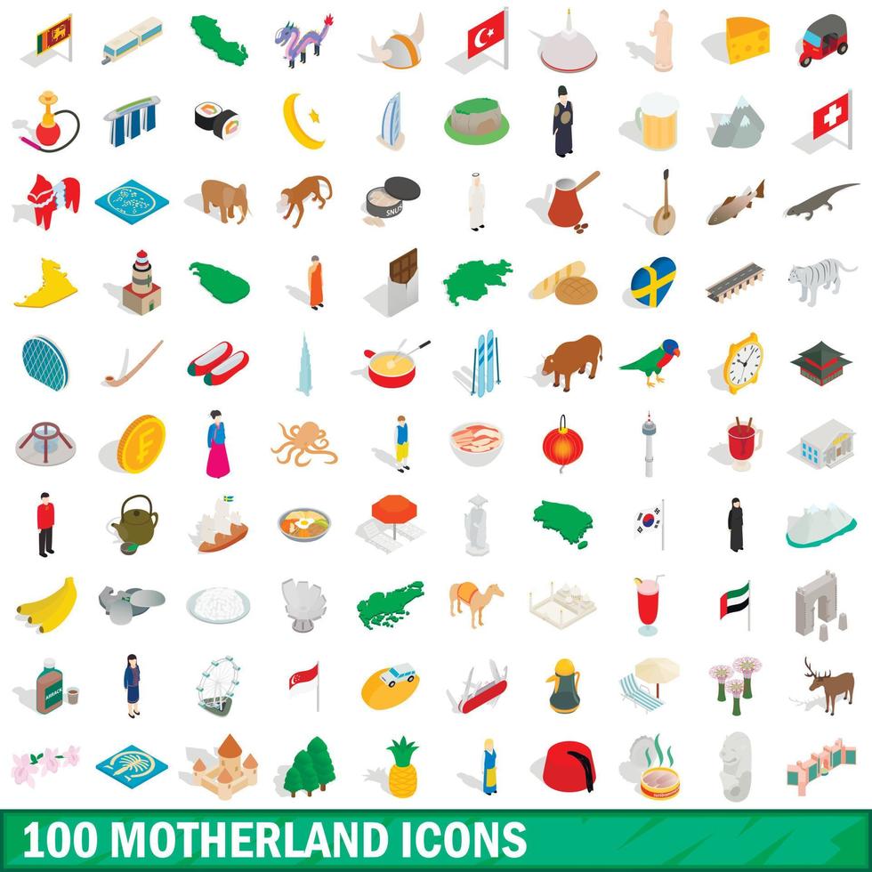 100 moederland iconen set, isometrische 3D-stijl vector