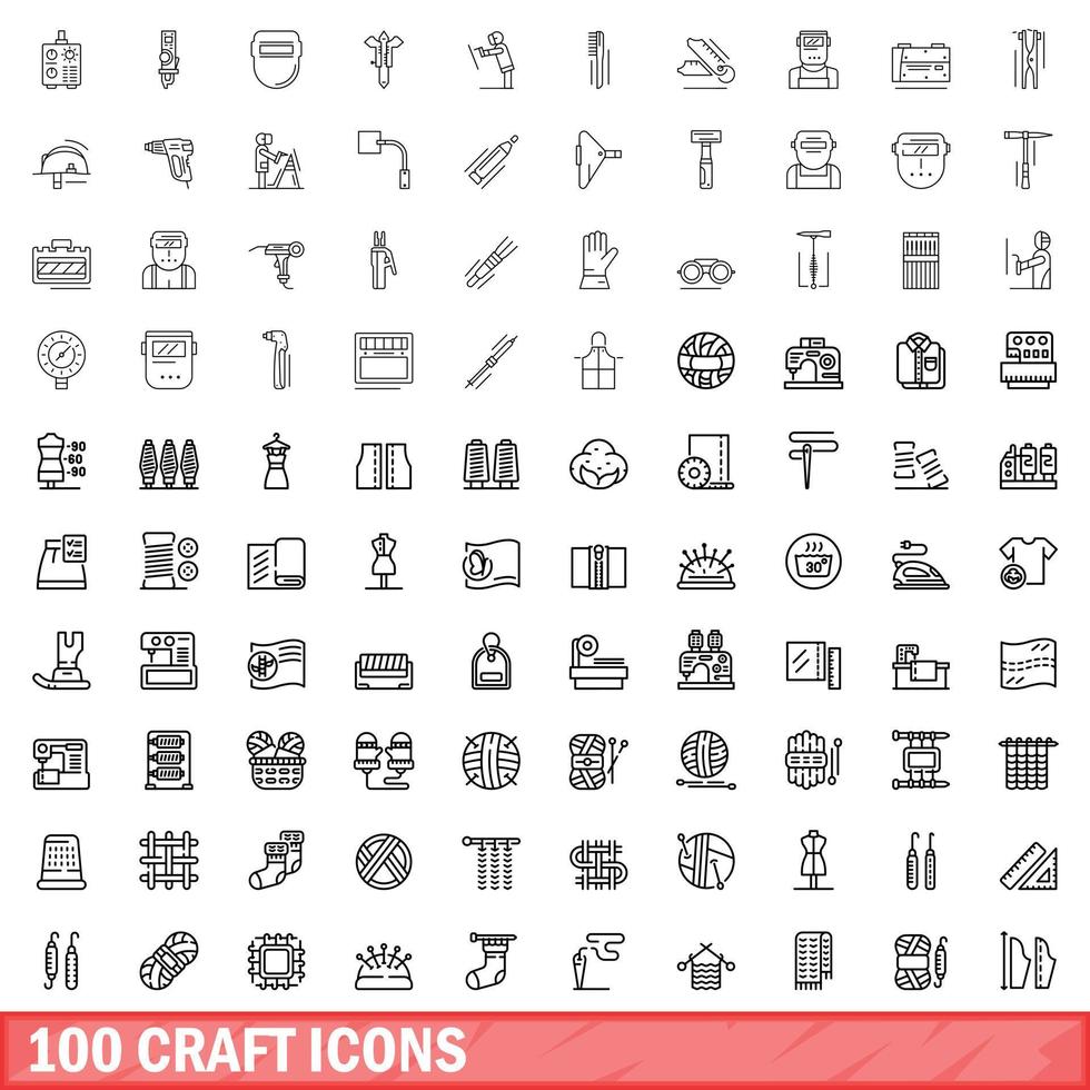 100 ambachtelijke iconen set, Kaderstijl vector