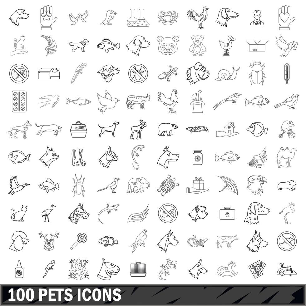 100 huisdieren iconen set, Kaderstijl vector